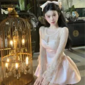 禮服 洋裝 長洋裝 法式洋裝 黑色洋裝 婚禮洋裝 婚宴服 春季新款法式甜美純欲清新小衆氣質性感修身公主蕾絲拼接連衣裙女