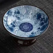 💯台灣出貨💯復古青花中式茶點盤子 高腳水果盤 小碟子中式零食點心乾果碗 陶瓷托盤青花瓷盤加高