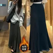秦衣館 女裝 韓係 百搭 潮流 黑色魚尾裙女秋冬季百搭氣質顯瘦秋冬針織新款半身裙高腰中長款 YT6G