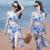 渡假海邊溫泉泳衣女分體比基尼BIKINI裙式泳衣三件式高級感新款泳裝