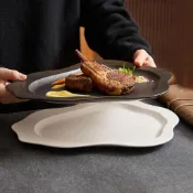 【免運🍽️ 餐具精選】砂芒線紋星漣 異形盤陶瓷盤子 家用牛排盤 商用餐廳西式餐盤意境菜盤