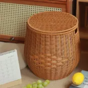 (店+)雞蛋仿藤編 客廳零食收納凳 高顏值 臥室帶蓋 圓形換鞋凳 籃子 餐桌椅 休閒椅 椅子 凳子 塑膠椅