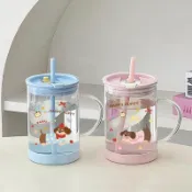 【桃園發貨】💗1000ML玻璃杯 大容量吸管水杯 杯子 ins夏帶蓋高顏值情侶對杯喝水杯 辦公水杯 學生水杯