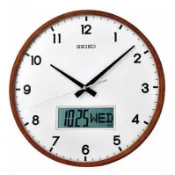 SEIKO CLOCK 日本精工滑動式秒針LCD液晶螢幕顯示日期.星期雙顯靜音木框掛鐘 型號：QXL008B【神梭鐘錶】