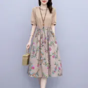 棉麻洋裝💕 棉麻碎花拼接連衣裙女夏季薄款收腰顯瘦時尚減齡中長款大擺裙 大尺碼洋裝 連身裙洋裝 顯瘦洋裝 連身裙