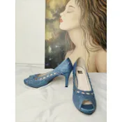 名牌特價/Aso皮鞋 7.5號銀藍色露趾高跟鞋/Party shoes/ 9cm High heel
