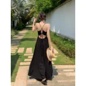  洋裝日韓係吊帶露背連衣裙高級感顯瘦性感海邊度假海南三亞沙灘裙女黑色長裙