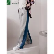 【OB嚴選】棉質拼接牛仔落地寬褲