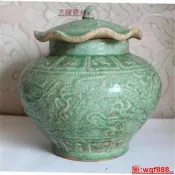 【小新茶具】宋龍泉窯青瓷全手工雕刻雙龍圖案荷葉蓋罐做舊仿古瓷古玩老貨收藏