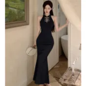 【桃喜Rich女裝】黑色旗袍 國風新中式復古連身裙 日常改良旗袍 修身顯瘦魚尾裙 復古長裙 宴會洋裝