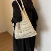 破盤特價 出清特惠 限時下殺 編織包 編織手提包 沙灘 草包 草編包 渡假復古針織海邊包包單肩新款度假沙灘鏤空休閒毛線編