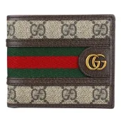 GUCCI Ophidia GG綠紅織帶滿版印花雙G標誌塗層帆布皮革邊飾對折短夾(米/烏木)
