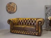 【卡卡頌  歐洲古董】英國 牛皮 Chesterfield 釘扣 芥末巧克力 雙人 皮沙發 歐洲老件so0044