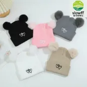 新竹好物社 【雙絨球刺繡】嬰兒針織帽 寶寶帽子 嬰兒帽子 毛線帽 保暖帽 親膚柔軟 雙愛心刺繡 舒適保暖 新生兒滿月禮 秋冬禦寒