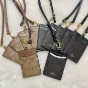瑕疵品【美麗小舖】COACH 63274 防刮老花PVC塗層帆布 掛繩證件夾 卡片夾 悠遊卡夾 識別證件夾 吊牌-現貨