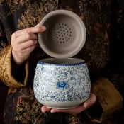 汝窯纏枝蓮茶渣缸茶洗家用大小號陶瓷帶蓋過濾建水茶盂桌面廢水缸