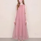 台灣出貨🍀豆沙粉甜美風無袖網紗連衣裙女2026夏獨特漂亮巨好看花苞裙女 w&y