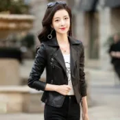宜百家 真皮皮衣外套女 海寧綿羊皮皮衣女短款2023春秋新款機車夾克修身顯瘦翻領真皮外套