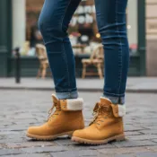 正品TIMBERLAND 女款 小麥色 毛毛 磨砂革拼接造型 24 / 37防水翻領靴 中筒靴 保暖