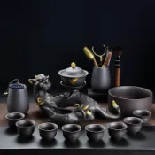 【台灣出貨】紫砂 半自動茶具套裝 金錢豹 家用 陶瓷 功夫茶杯 懶人泡茶器 茶具組 泡茶器 茶壺 茶杯 茶盤