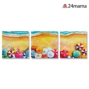 【24mama 掛畫】三聯式 油畫布 旅遊 海灘 海浪 夏日 傘 手繪插圖 無框畫 時鐘掛畫-30x30cm(家庭渡假)