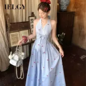 IELGY 條紋印花蝴蝶結掛脖洋裝露背收腰顯瘦氣質長裙