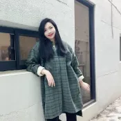 60s-70s Europe pull over shirt墨軍綠 歐洲法蘭絨格紋長版襯衫