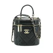 【CHANEL 香奈兒】Trendy CC 菱格羊皮圓筒金鍊手提斜背二用化妝箱(AS1626-黑)-二手品
