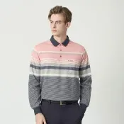 【pierre cardin 皮爾卡登】休閒服飾 男款 經典撞色條紋厚長袖POLO衫-粉色(5255275-65)