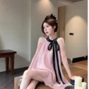 度假風蝴蝶結掛脖洋裝 無袖寬鬆綁帶連衣裙 女神範時尚大裙擺 夏季洋裝 寬鬆連身裙 粉色洋裝