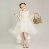【特惠】女童禮服洋氣公主裙花童白紗婚紗裙主持人小女孩鋼琴演齣兒童禮服