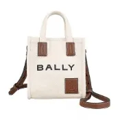 BALLY Akelei壓印皮標LOGO輪廓簡潔帆布/牛皮磁釦式手提斜背包(迷你/米白x淺棕)