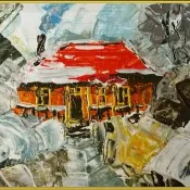 冬季山水林中屋小圖雪中屋油畫