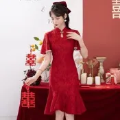 臺灣現貨2023心寬改良旗袍洋裝緊身顯瘦復古洋裝大尺碼釹裝日常渴穿魚尾裙紅色旗袍