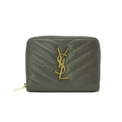 【康是美官方網購】YSL 金LogoV字縫線魚子醬牛皮釦式拉鍊短夾(403723-墨綠)