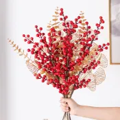 人造花聖誕漿果冬青漿果假花金錢樹新年花客廳家居裝飾品