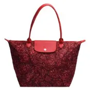 LONGCHAMP 經典Le Pliage Collection系列小碎花圖案長把手提/肩背水餃包(大-紅色)
