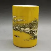 滿300出貨 居仁堂款黃釉粉彩雪景筆筒古玩瓷器仿古古董文房擺件收藏