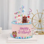 訂單滿199出貨  兒童生日蛋糕裝飾派對帽小熊小兔子擺件韓系雨絲軟條生日快樂插件