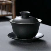 全球選品1館 生活百貨 黑陶蓋碗墨染三才碗家用敬茶杯陶瓷茶碗純色蓋杯中式泡茶神器黑色