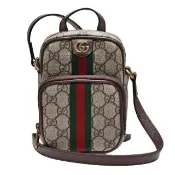 【GUCCI 古馳】經典Ophidia帆布印花綠紅綠織帶皮革飾邊拉鍊手提/斜背包(烏木色☆671682-96IWT-8745)