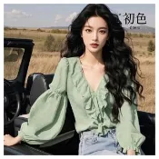 【初色】春日荷葉邊V領公主袖長袖雪紡襯衫上衣女上衣-綠色-10958(M-2XL可選)