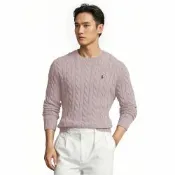 Polo Ralph Lauren RL 熱銷圓領刺繡小馬純棉麻花針織毛衣-燕麥色