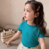 (店+)【D.studio】韓版女童花邊短袖上衣 衣服 夏天女裝 兒童 小童 童裝 短袖t恤 素T 運動上衣 t恤【TB02】