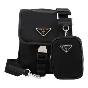 【PRADA 普拉達】經典三角LOGO尼龍二合一零錢包翻蓋斜背包(黑)