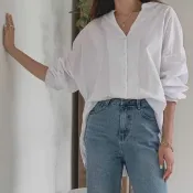 Anna S ANNAS 正韓 深V 襯衫 長袖 白襯衫 色面 長版 縮腰 背後造型 寬鬆 男友襯衫 性感 上班族 韓國