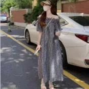 一字領拉肩花洋 春夏女裝新款海邊渡假風性感一字領拉肩長洋 花洋 過膝洋裝 渡假風洋裝 拉肩洋裝 海邊洋裝 波希米亞
