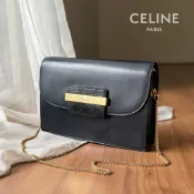 中古正品〈稀有極美品〉CELINE Vintage 深黑藍真皮金條Logo古董小方包 手拿包肩背包