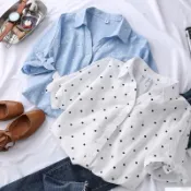 Chiffon Blouse for Women Polka Dot Print Shirts Short Sleeve