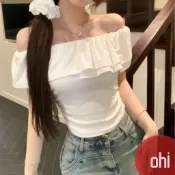 【ohi】一字肩純欲夏季皺褶荷葉邊設計感上衣 短袖上衣 顯瘦百搭上衣T恤 夏天衣服 女裝 GTX4013